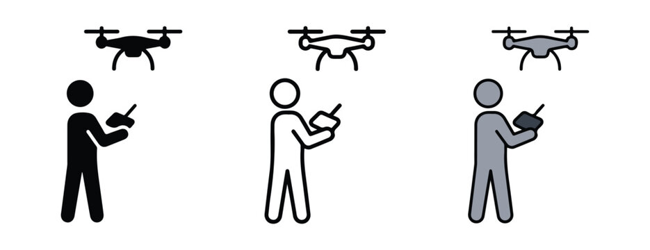 Stick figures operating drones with remote controls in different colors  black gray and white