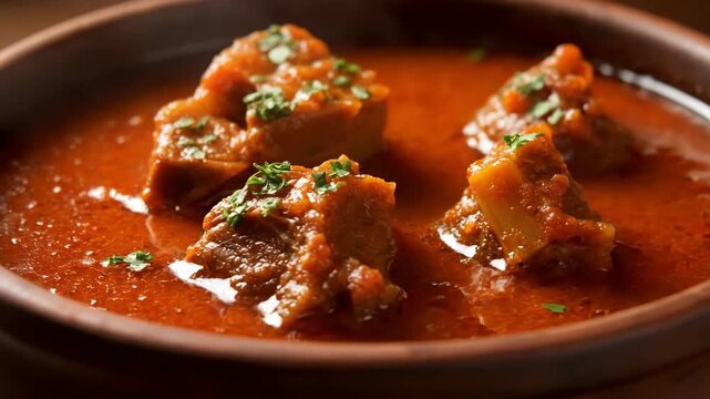 Macro shot of rich, traditional beef goulash or stew in a rustic bowl, featuring tender meat chunks in a thick red sauce garnished with fresh parsley.