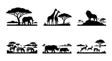 African Safari Wildlife Silhouettes, Savanna Landscapes, Set of 6 Vector Icons, Nature Scenes © Riyad
