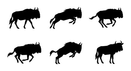 Wildebeest Silhouette Collection: Six Dynamic Poses, Wildlife Vector Graphics for Safari and Nature Designs © Riyad