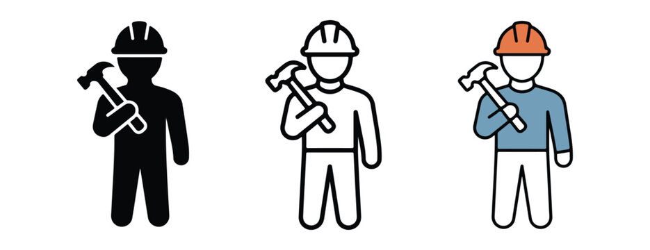 Three construction workers with hammers icons in different styles and colors for various design uses  construction worker icons