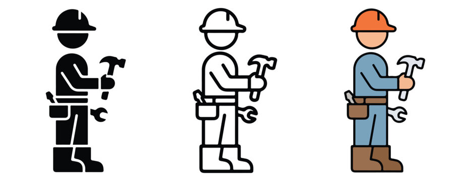 Three construction workers with helmets and tools icons in different colors holding hammers and wrenches