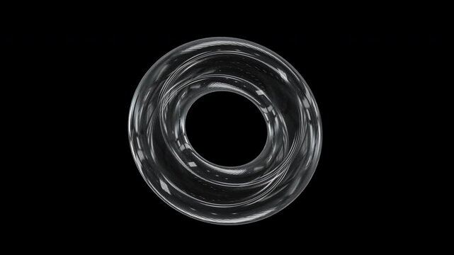 Glass torus geometric shape 3d clear element rotating on black background looping animation.