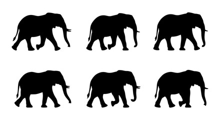 Six Silhouette Elephants Walking, African Wildlife Vector Icons, Simple Black Animal Graphics © Shariful