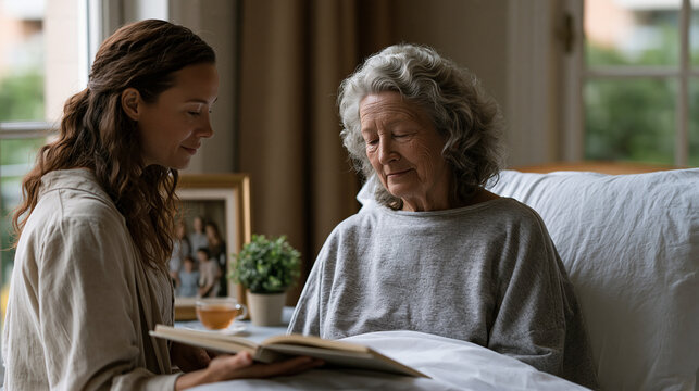 Hospice care volunteer reads aloud from a memory journal to a silver-haired Alzheimer's patient seated by a hospital room window on a September afternoon, a framed family portrait