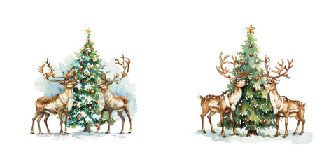 reindeer decorating a christmas tree watercolor vector illustration © Dar