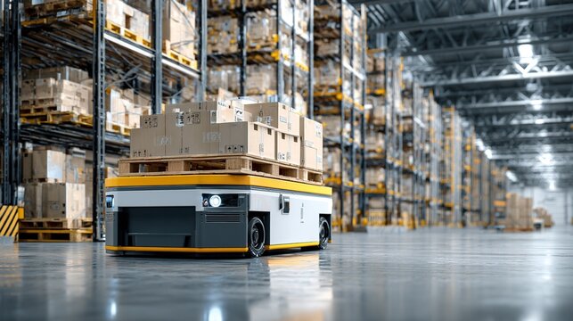 In modern smart warehouse logistics, automated guided vehicles (AGVs) transport pallets of goods, in conjunction with robotic arms and digital holographic interfaces. A futuristic delivery system.