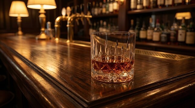 Whiskey glass sitting on a polished dark wooden bar counter inside a luxury pub with warm ambient golden lighting