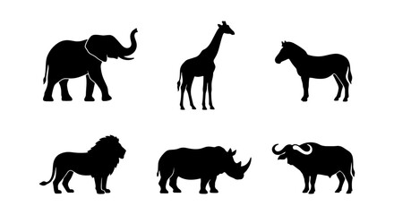 African Wildlife Silhouette Icons: Elephant, Giraffe, Lion, Rhino, Zebra, Buffalo Vector Set © Mahira