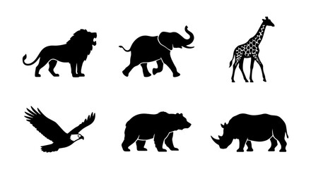 African Wildlife Silhouettes: Lion, Elephant, Giraffe, Eagle, Bear, Rhino Vector Icons Set © Mahira