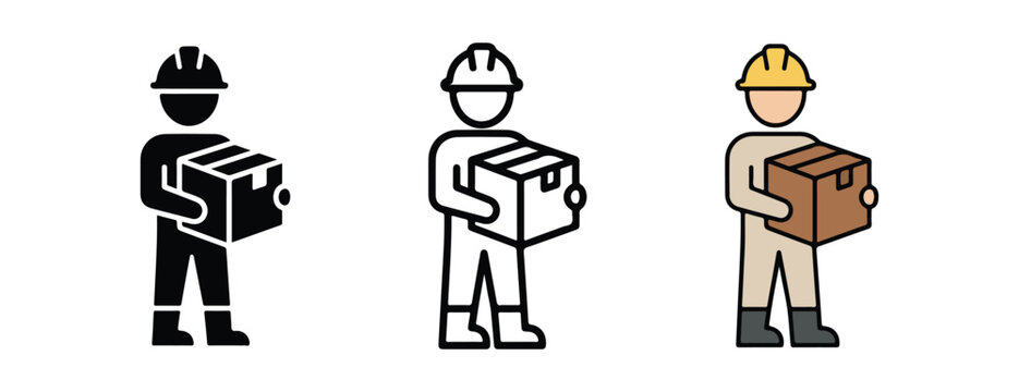 workers in different colors holding boxes wearing helmets on white background