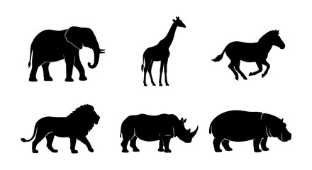African Wildlife Silhouettes: Elephant, Giraffe, Lion, Rhino, Hippo, Horse Icons. Safari Animals Vector Set. Mammal Collection. © Sohag