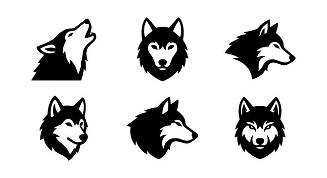 Wolf Head Icons Set, Wild Animal Vector Graphics, Canine Spirit Emblems, Tribal Wolf Art Collection