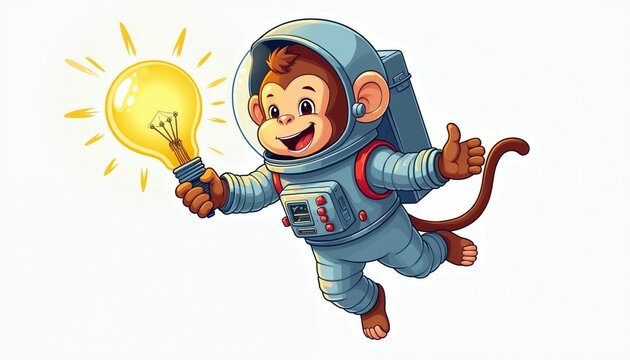 Cute monkey astronaut floats holding glowing lightbulb giving thumbs up sign. Idea concept. Space exploration, science innovation, brilliant thought and discovery.