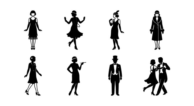 Elegant Flapper Silhouettes, 1920s Art Deco Fashion Figures, Vintage Jazz Age Party People Vector Set