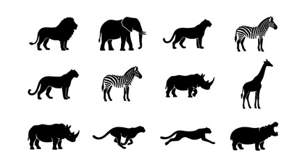 African Safari Wildlife Silhouettes Collection, 12 Vector Icons for Nature and Travel Designs © Fatima