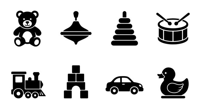 Set of 8 Classic Black Toy Icons: Teddy Bear, Spinning Top, Stacking Rings, Drum, Train, Blocks, Car, Duck