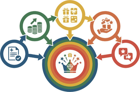 Crown emblem represents a loyalty program hierarchy that integrates currency growth, gift rewards, incentive packages, and positive customer reviews.