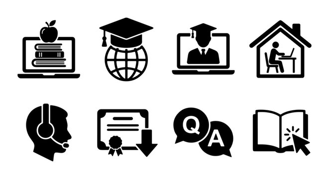 Education Icons Set: Online Learning, Graduation, Knowledge, Support, Certificate, Q&A, Reading