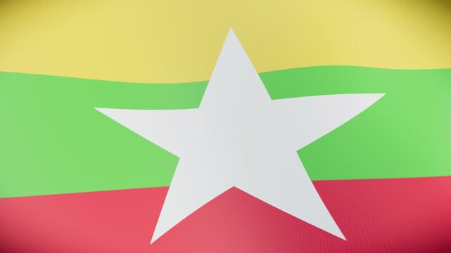 Gracefully waving, seamlessly looping 3D Myanmar flag motion graphic on a bright green screen background for corporate Asian video compositing.