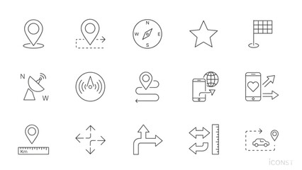 Fototapeta premium Map navigation and GPS location line icon set vector outline collection with compass route pointer steering wheel and dashboard tracking symbols