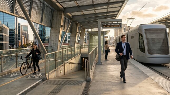 Sunlit tram stop commute with multimodal urban mobility and clean lines