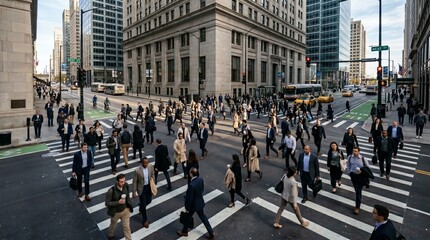 Obraz premium Downtown Crosswalk Rush With Diverse Professionals In Morning Sun