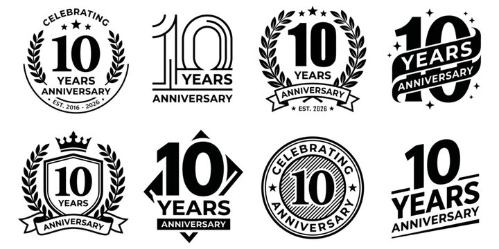 Set of 10 years anniversary logo emblems, vector illustration collection of ten year anniversary badges with laurel wreaths, crowns, ribbons and typography