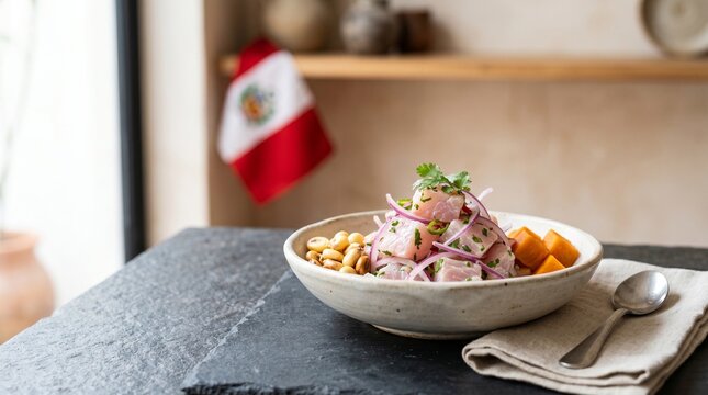 Peruvian ceviche dish with fish, corn, and sweet potato