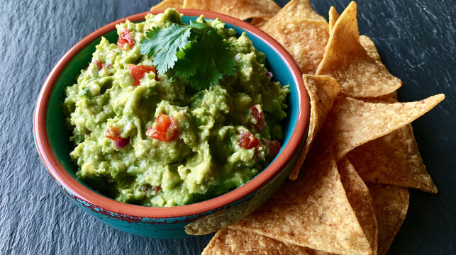 A bowl of dresh homemade guacamole and tortilla chips