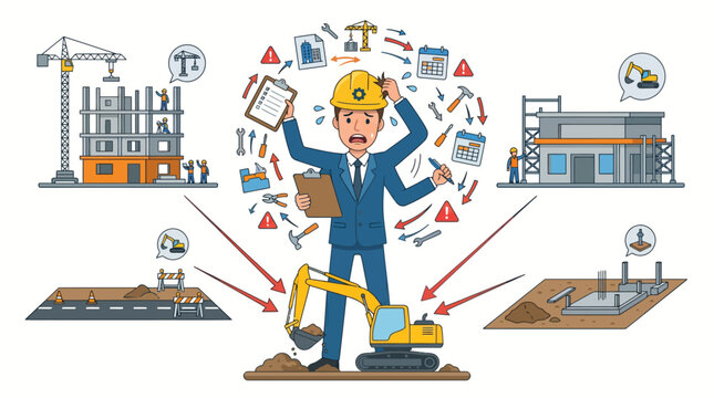 Overwhelmed construction site manager with multiple tasks.