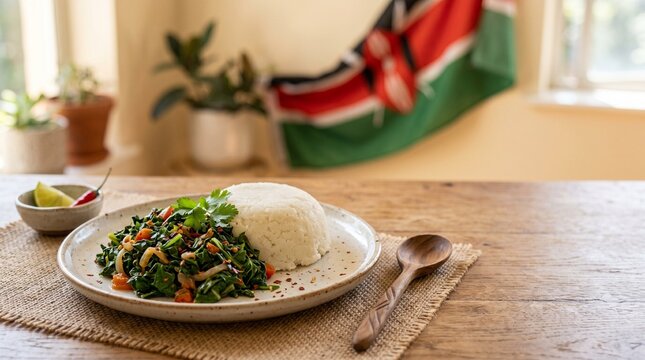 Traditional Kenyan dish of sukuma wiki with rice and chili