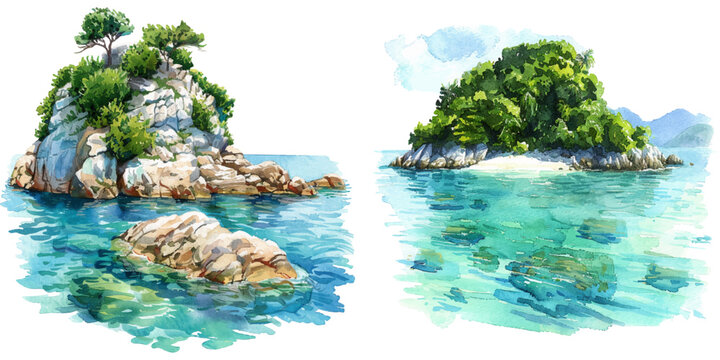 secluded island with clear waters watercolor vector illustration