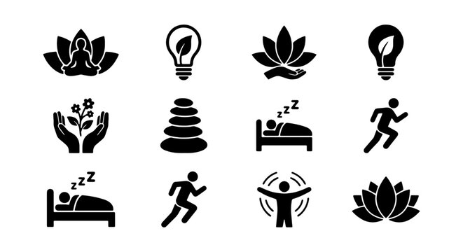 Wellness Icons Set: Yoga, Meditation, Health, Sleep, Running, Balance, Growth, Ideas