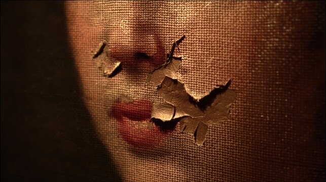 underlying. Close-up of a classical portrait with peeling paint revealing canvas texture. event programs, museum guides, designed for cultural heritage projects and event programs.