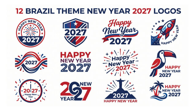 12 brazil theme new year 2027 logos with landmarks and festive elements for holiday branding landmark celebration greeting illustration calendar creative template abstract business