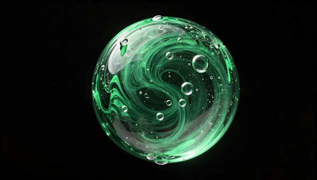 Abstract Emerald Swirl: A mesmerizing abstract spherical form in emerald green, featuring intricate swirling patterns and suspended bubbles against a dark backdrop.