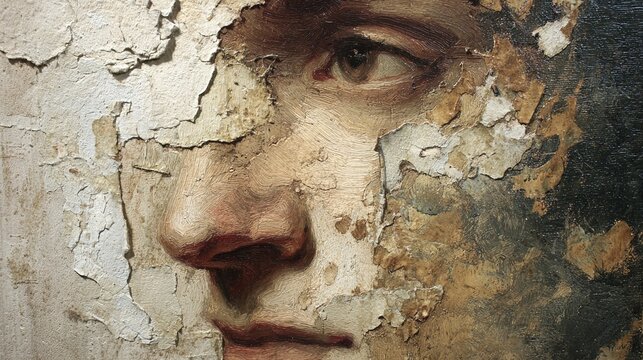underlying. Close-up of a classical portrait with peeling paint revealing canvas texture. event programs, museum guides, designed for cultural heritage projects and event programs.