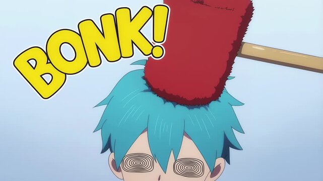 Anime boy getting comically bonked on head in slow motion with swirling eyes and popping 'bonk' text for humorous cartoon effect