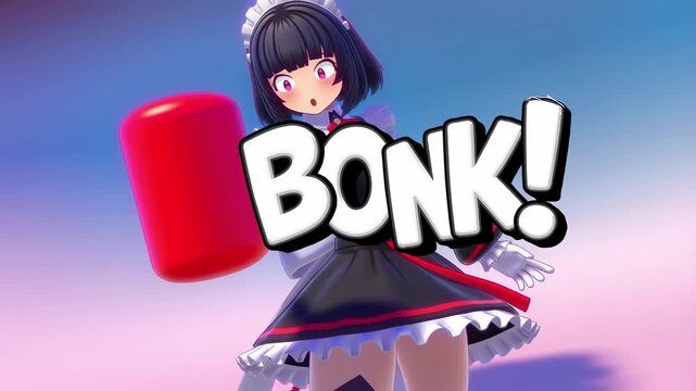 Anime maid character comically getting bonked on head in slow motion with dramatic 'bonk' text popping up vibrant scene humorous cartoon style single scene