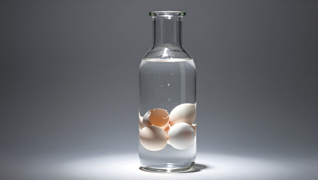 Shell-Shocked Surprise: A transparent glass bottle holds several white eggs, some with cracked shells, submerged in clear liquid. The lighting creates a dramatic.