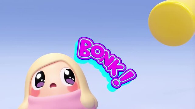 Fun animated scene of a cute chibi character being bonked by a floating mallet with dramatic slow motion explosion text bonk capturing playful cartoon animation style