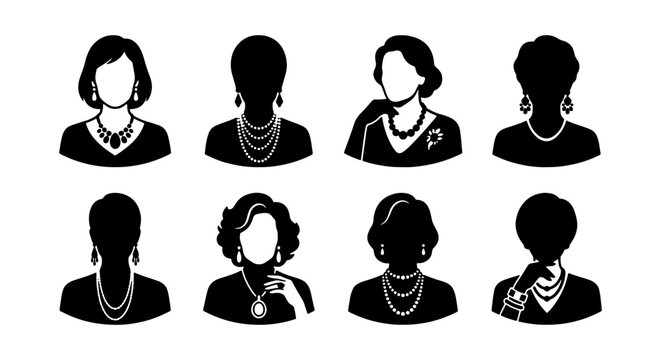 Elegant Women Silhouettes, Diverse Jewelry Styles, Fashion Icons, Vector Set for Style and Beauty Concepts