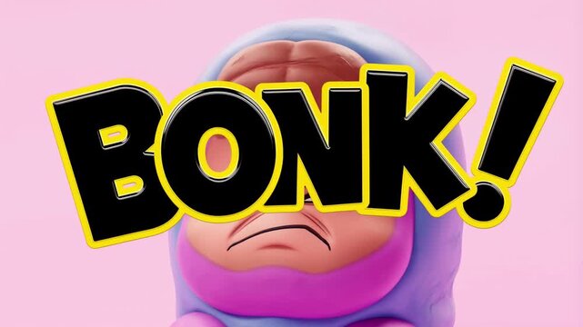 Slow motion chibi character with angry face getting bonked with dramatic pop up effect in continuous scene for comedic animation
