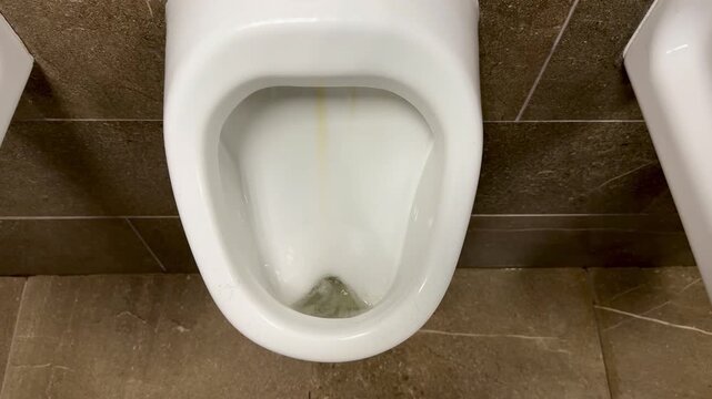 Close-up white porcelain urinal brown tiles, stained basin and ceramic drain, visible grout lines and floor tiles, reflective glaze