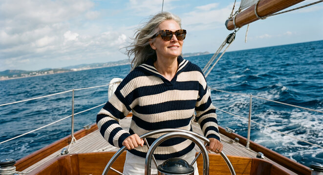 A woman with gray hair wearing sunglasses and a striped sweater steers a sailboat on a sunny day. The boat sails on the blue ocean with a coastline visible in the distance.