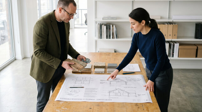 Sustainable Housing Design Team Reviewing Paper Plans And Green Samples
