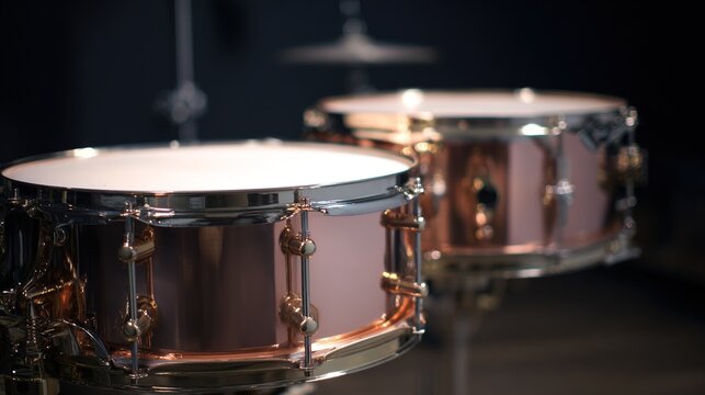 kettledrums. A pair of polished copper kettledrums with taut drumheads gleaming under focused stage lighting. product launch decks.