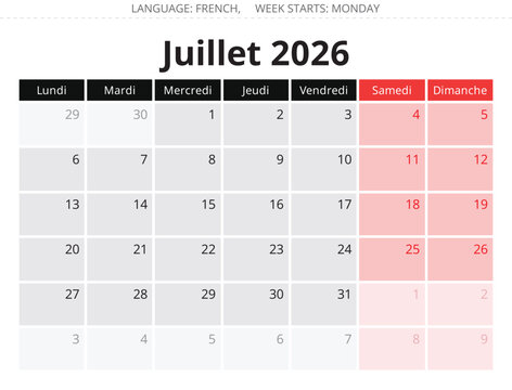 2026 French July monthly calendar page &ndash; Juillet. Vector illustration France