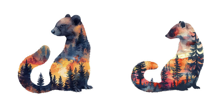 silhouette marten with forest scene inside watercolor vector illustration